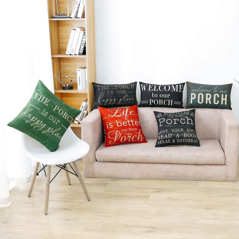 TRENDIN Farmhouse Porch Oblong Pillow Cover 20x12 inch Vintage Black Word The Porch is Our Happy Place Throw Pillow Cover for Couch Sofa PL565TR - Image 2